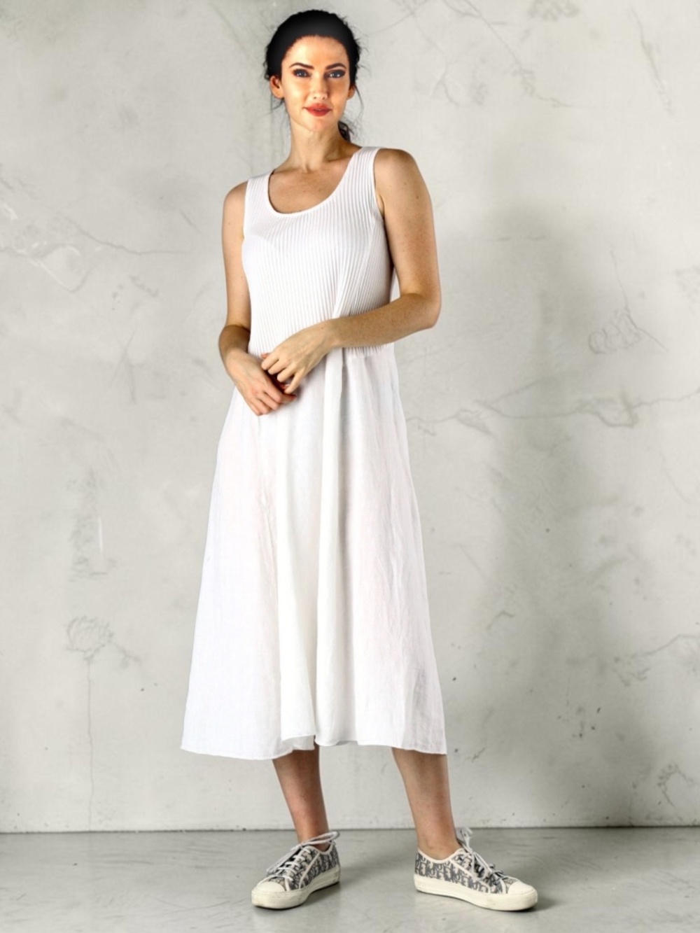 FENINI 100% Linen and 100% Cotton Ribbed Bodice Sleeveless Dress MADE IN USA L